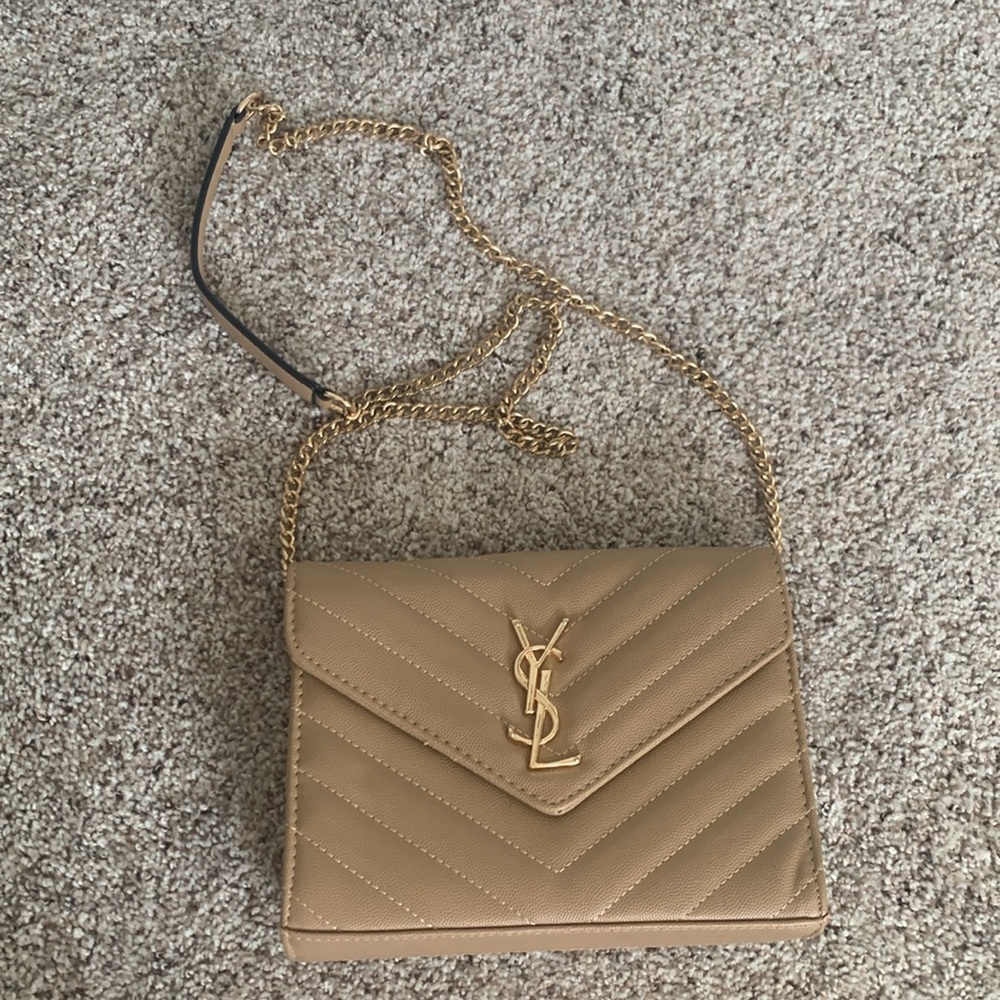 Designer inspired tan bag with cross body chain